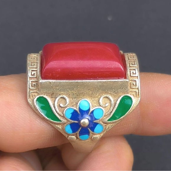 Ancient Tibetan Silver Red jade Finger Ring size adjustable